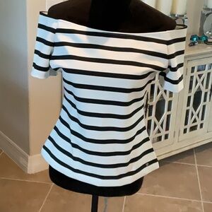 GUESS off shoulder back zip black/white striped top, size large